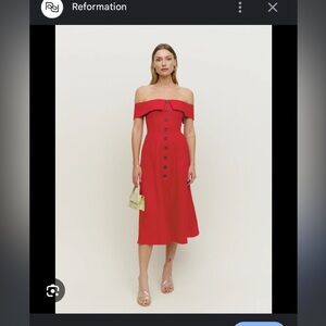 reformation linen off the shoulder dress